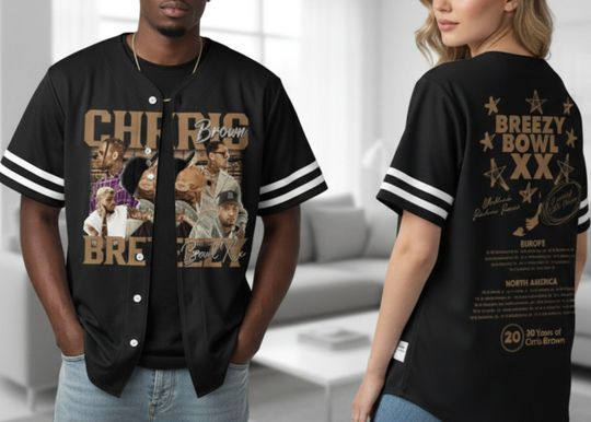 Chris Brown Breezy Bowl XX Baseball Jersey, 20 Years of Chris Brown Tour Shirt, R&B Concert Merch, Black and Gold Vintage Style Jersey