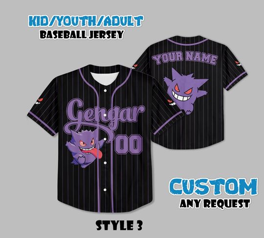 Custom Gengar Baseball Jersey, Persionalized Baseball Jersey Shirt, Custom Kids, Youth, Adult Jersey Baseball PKM Fan Lover Gift
