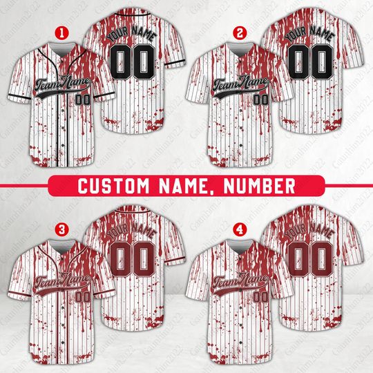 Discover Personalized Blood Splatter Baseball Jersey, Custom Name Number Creepy Halloween Jersey, Baseball Uniform, Halloween Gifts For Baseball Team