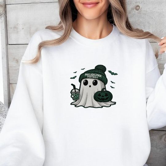 Discover Philadelphia Football Halloween Embroidered Sweatshirt, Philadelphia Football Shirt, Ghost and Pumpkin Spooky Philly Fan Sweatshirt