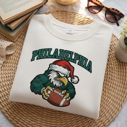 Discover Philadelphia Eagles Christmas Embroidered Sweatshirt, Philadelphia Football Mascot with Santa Hat Crewneck Sweatshirt