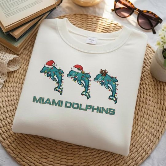 Miami Dolphins Christmas Embroidered Sweatshirt, Miami Football Mascot Sweatshirt, Dolphin Santa Lights Sweatshirt, Mascot Miami Fans Gift
