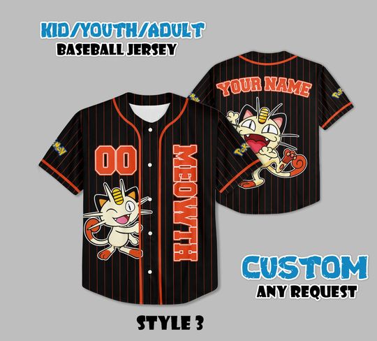 Discover Custom Meowth Baseball Jersey, Persionalized Baseball Jersey Shirt, Custom Kids, Youth, Adult Jersey Baseball PKM Fan Lover Gift