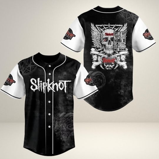 Metal Fan Baseball Jersey  Skull Wings Graphic, Black/White Button-Up Unisex Shirt