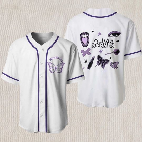 Olivia Rodrigo Inspired Baseball Jersey  Purple Butterfly Front, Icon Collage Back, Unisex Concert Outfit, Aesthetic Button Shirt