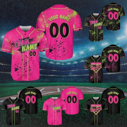 Discover Custom Neon Splatter Baseball Jersey  Personalized Team Name, Your Name & Number  Pink or Black Softball Uniform, Unisex Game Day Gift