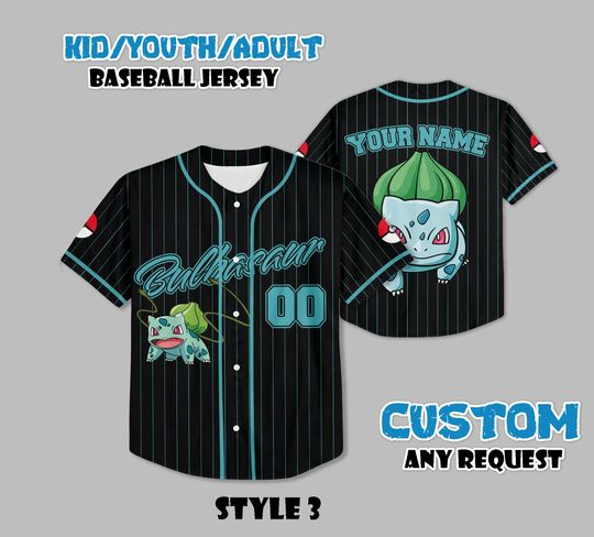 Custom Bulbasaur Baseball Jersey, Persionalized Baseball Jersey Shirt, Custom Kids, Youth, Adult Jersey Baseball PKM Fan Lover Gift