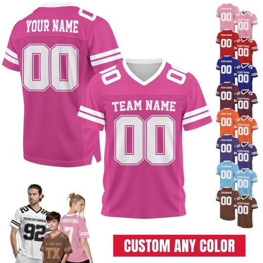 Discover Personalized Team Name & Number Football Jersey For Adult Kid, Custom Team Sport Shirt Jerseys For Fans, Mesh Football V-neck Pink jersey