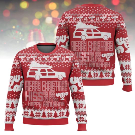 Christmas Vacation Ugly Christmas Sweater, Kiss My Ass Happy Hanukkah Xmas Sweater, Funny Holiday Movie Ugly Sweater, Christmas Gift