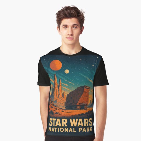 Discover Star Wars Sandcrawler on Tatooine under Starry Sky Graphic T-Shirt
