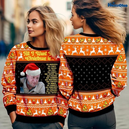 Discover Burgers 55 Fries Ugly Christmas Sweater, All I Want For Christmas Ugly Sweater, Food Christmas Sweatshirt, Burger Fries Taco Group Party