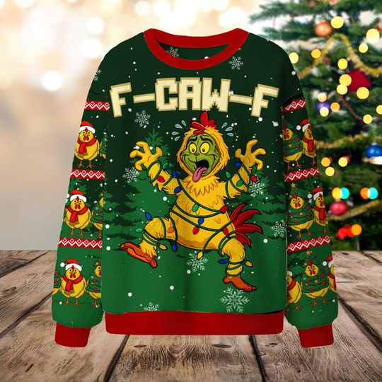 Discover F-Caw-F Chicken Ugly Christmas Sweater, Funny Green Rooster Xmas Sweatshirt, Humor Winter Holiday Shirt, Christmas Gift for Kid Adult