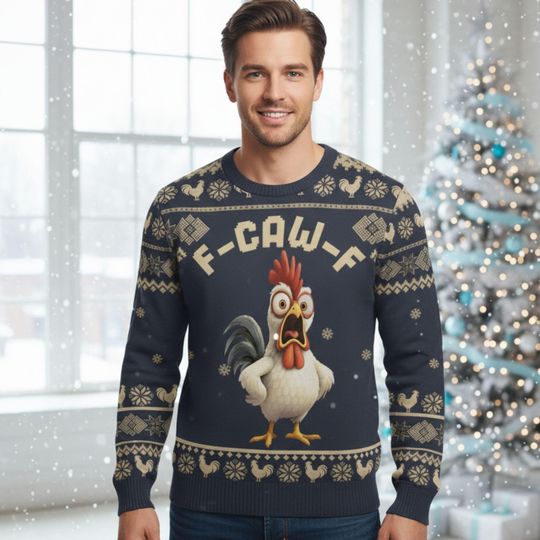 F-CAW-F Rooster Ugly Christmas Sweater, Hilarious Chicken Xmas Sweater, Funny Holiday Party Ugly Sweatshirt, Funny Chicken Xmas Crewneck