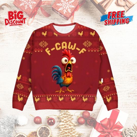 Discover F-Caw-F Crazy Chicken Ugly Christmas Sweater, Crazy Chicken Xmas Holiday Sweater, Funny Xmas Party Sweater, Christmas Matching Gift