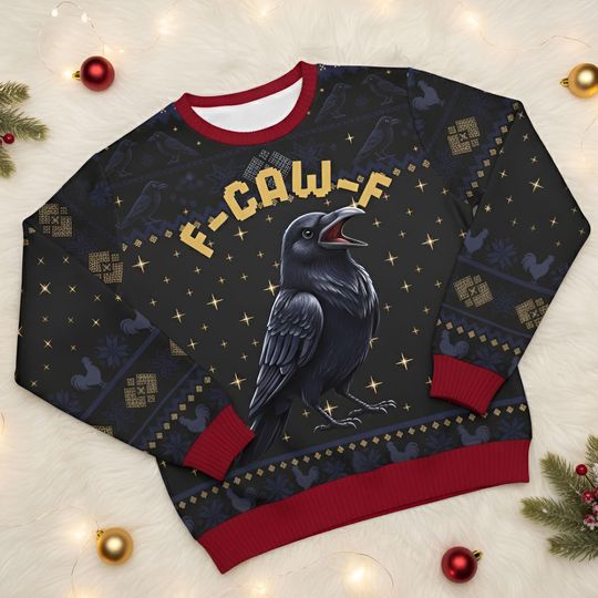 Discover Funny Crow Christmas Sweater: F-Caw-F All-Over Print Knit Pullover, Gothic Holiday Humor