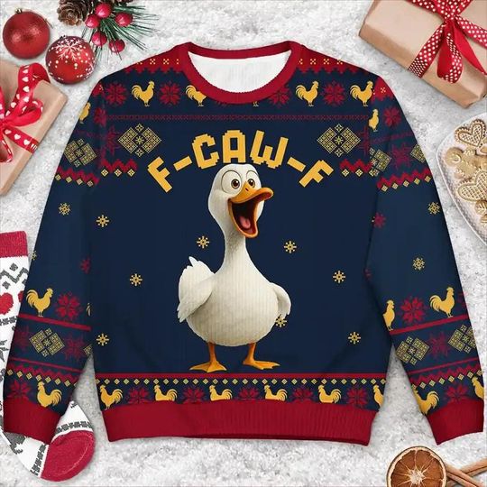 Funny Chicken F-Caw-F Personalized Unisex Ugly Sweater, Matching Couple Xmas Sweater, Custom Hen and Rooster, Farm Animal Holiday Pullover