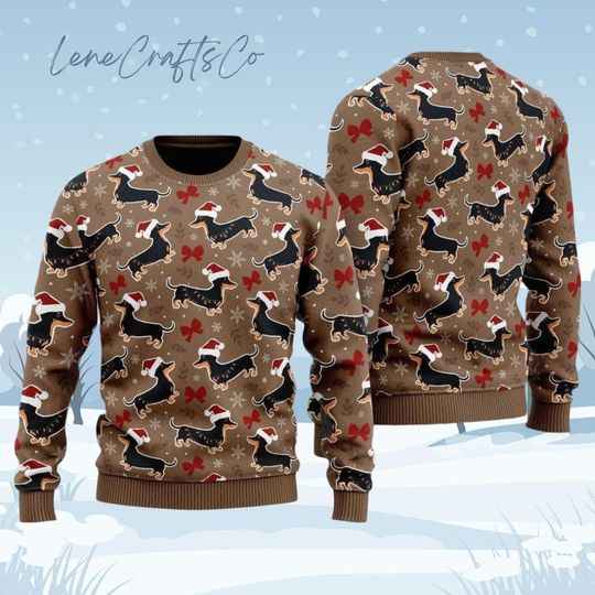 Dachshund Dog Christmas Ugly Sweater, Pet Lover Holiday Sweater, Funny Animal Xmas Sweater, Dachshund Through The Snow Sweater, Xmas Gift