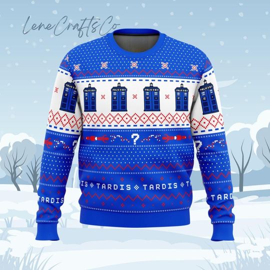 Doctor Who Christmas Ugly Sweater, Funny TV Series Ugly Sweater, Police Box Holiday Sweater, Dr Who Xmas Sweater Fans Gift, Christmas Gift