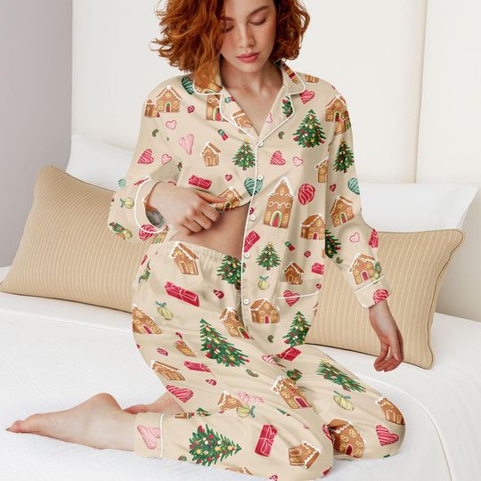 Discover Gingerbread Christmas Pajamas, Cozy Long Sleeve Pajama Set, for Women Men, Holiday Sleepwear, Festive PJs, Christmas Gift
