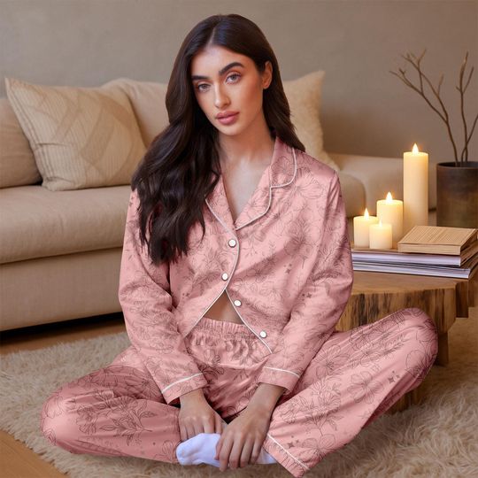 Discover Pink Floral Long Satin Pajamas Set for Women, Floral Silk Sleepwear, Button Down Satin Lounge Set, Elegant Nightwear Gift, Pajamas Set