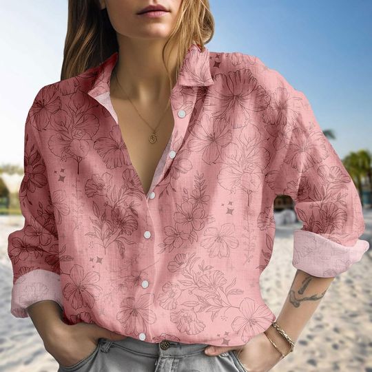 Discover Pink Floral Blouse Shirt, Floral Theme Button Down Blouse, Elegent Blouse Women, Girly Linen-look Shirt, Vacation Blouse Shirt