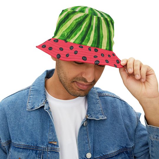 Watermelon Print Bucket Hat, Fruit Pattern Cap, Summer AOP Bucket Hat