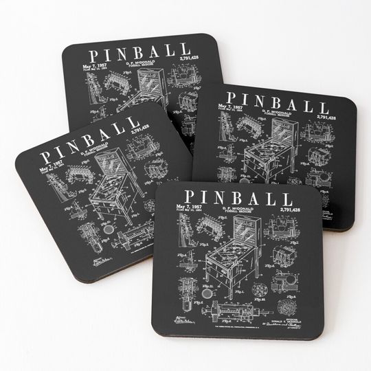 Discover Pinball Arcade Gaming Machine Vintage Gamer Patent Print Coasters (Set of 4)
