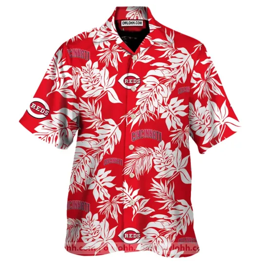 Discover Cincinnati Reds Logo Tropical Leaves Hawaiian Shirt