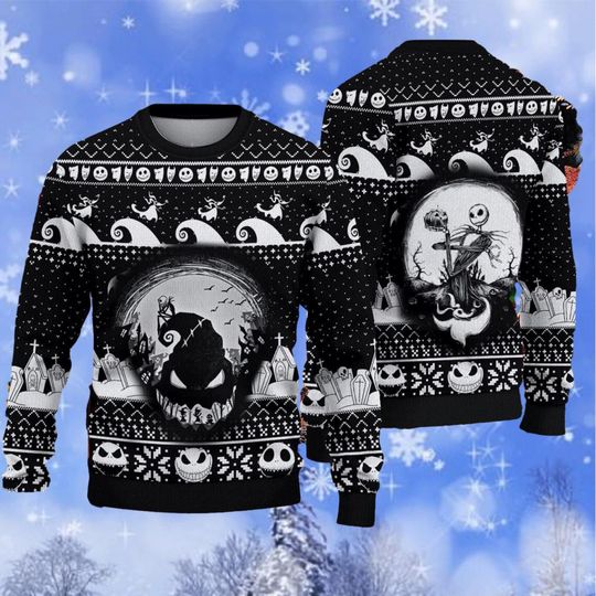 Discover Jack Skellington And Sally Christmas Ugly Sweater, Jack Skellington Ugly Christmas Sweater, Nightmare Before Christmas Sweater Over