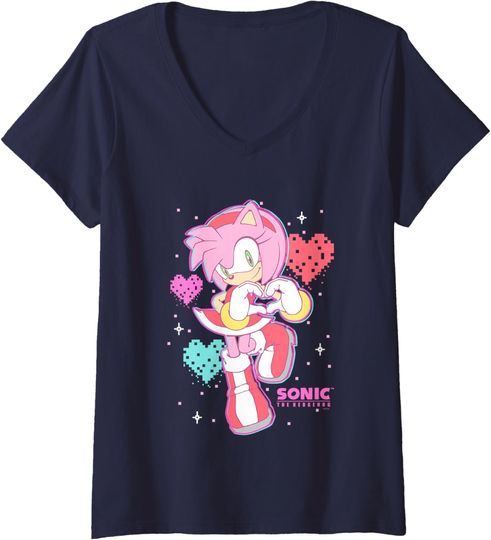 Discover Womens Sonic The Hedgehog Valentine's Day Cute Amy Rose Retro Logo V-Neck T-Shirt