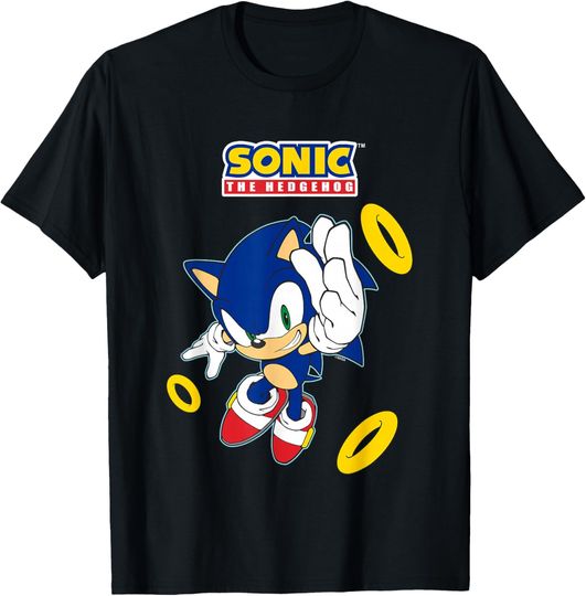Discover Sonic The Hedgehog In A Hurry Golden Rings Cool Shot T-Shirt