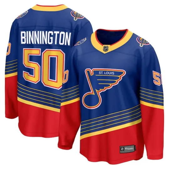 Discover 1St. Louis Blue Binnington Royal Breakaway NHL Ice Hockey Jersey