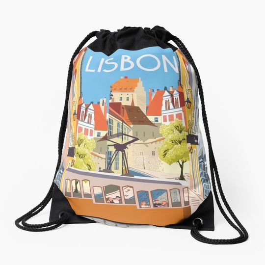 Discover LIsboa lisbon, vintage travel poster,sticker, greeting card Drawstring Bag