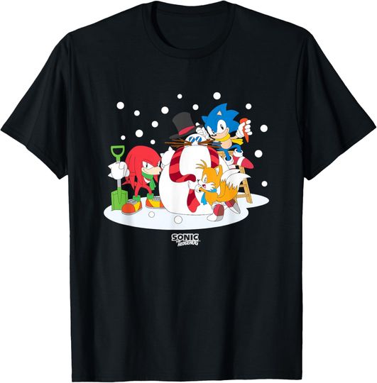 Discover Sonic The Hedgehog Christmas Team Sonic Building Snowman T-Shirt