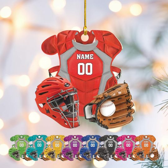 Discover Personalized Baseball Catcher Christmas Ornament, Custom Name and Number Acrylic Gear Design, Gift for Players and Sports Fans