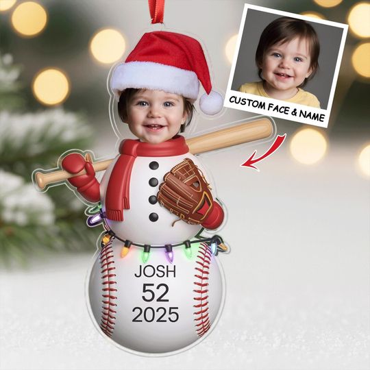 Custom Photo Baseball Snowman 2D Flat Ornament, Personalized Acrylic Xmas Tree Decor, Gift for Baseball Players, Teams & Boys 2025