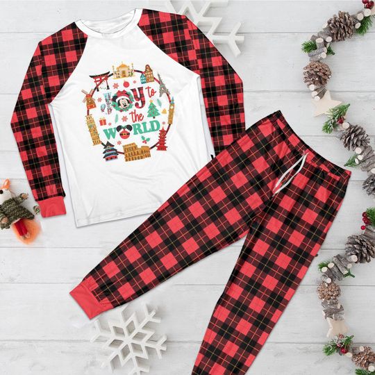 Discover Santa Mickey Joy To The World Red Plaid Christmas Pajamas, Disneyland Family Christmas PJs