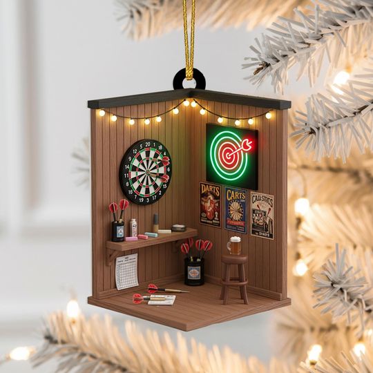 Discover Christmas Ornament Flat 2D Acrylic Darts Room Miniature with Neon Target Light Tree Hanging Decor Gift for Game Lovers and Bar Enthusiasts