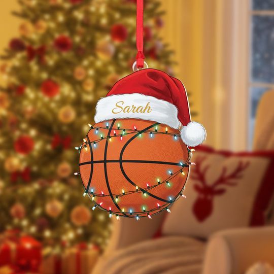 Discover Personalized Basketball Ornament: Custom Name Santa Hat, Acrylic Christmas Keepsake