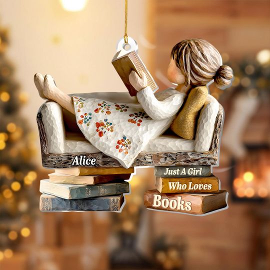 Discover Book Lover Ornament, Reading Girl Decor, Personalized Acrylic Christmas Gift, 2D FLAT Ornament