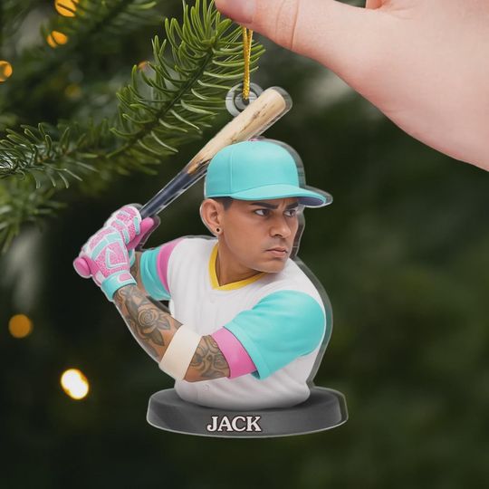Discover Holiday Homerun Hitter Christmas 2D Flat Ornament, Custom Photo Acrylic Ornament For Baseball Lovers, Personalized Sports Keepsake Gift