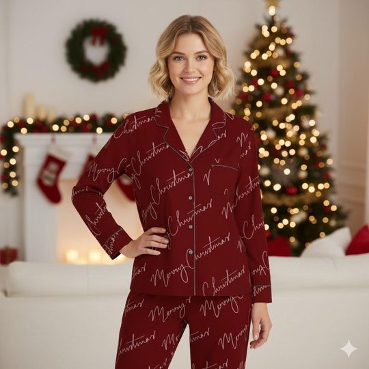 Discover Merry Christmas Burgundy Pajama Set  Elegant Holiday Sleepwear, Red Christmas PJs, Matching PJs, Mother Daughter Gift, Gift for Her PSJ1055