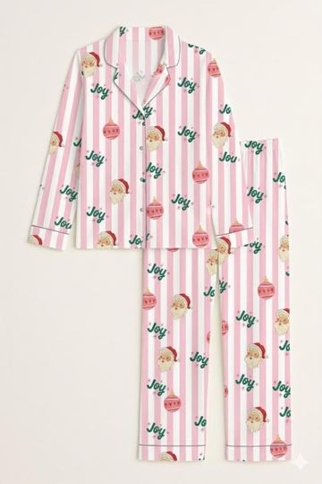Discover Pink Santa Christmas Pajama Set, 'Joy' Striped Holiday Sleepwear, Matching Family PJs, Christmas Gift for Her, Xmas Loungewear Gift PSJ738