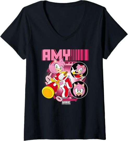 Womens Sonic The Hedgehog Amy Rose Multi Pose Poster V-Neck T-Shirt