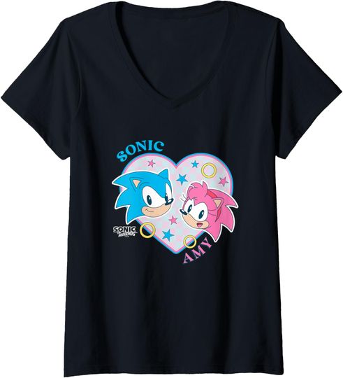 Discover Womens Sonic The Hedgehog Sonic & Amy Heart Shaped Portrait Retro V-Neck T-Shirt
