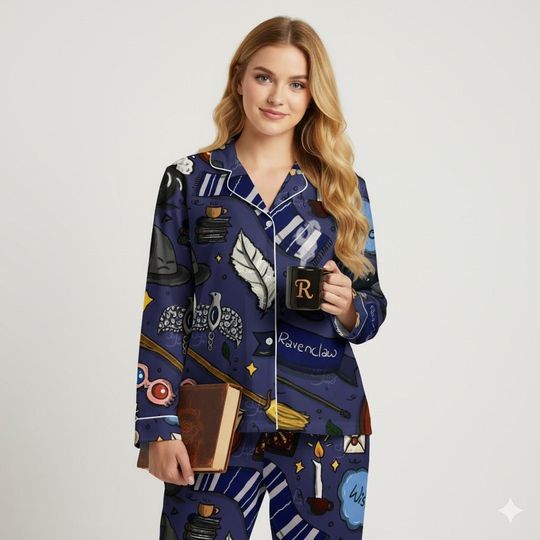 Vintage Ravenclaw Wizard House Pajama Set, Hogwarts House Loungewear, Matching PJs
