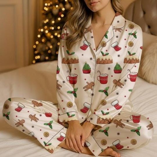 Discover Vintage Christmas Pajama Set, Festive Holiday PJs, Stocking Sleepwear, Retro Xmas Lounge Outfit, Gift for Her PSJ1209