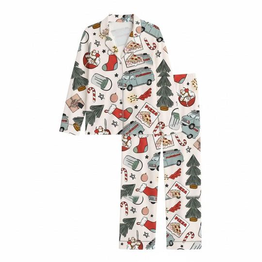 Discover Boho Christmas Movie Pajama Set, Holiday Pizza Sleepwear with Stockings Candy Canes, Matching PJs, Gift for Her PSJ1145