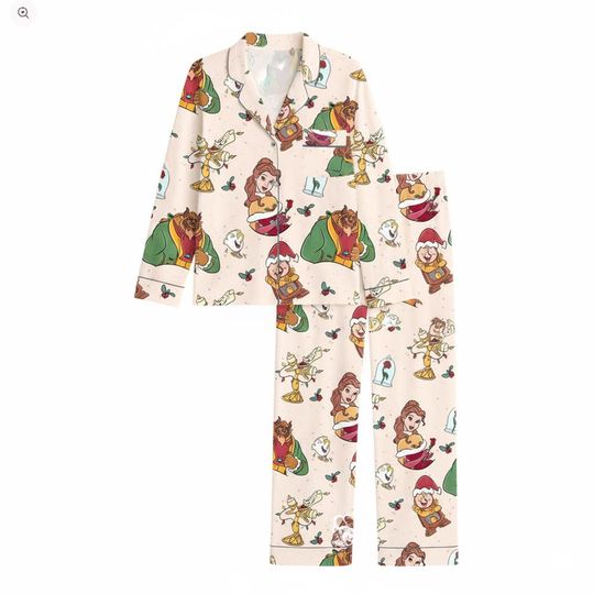 Discover Beauty and the Beast Christmas Pajama Set, Princess Holiday PJs, Satin Winter Sleepwear, Fairytale Lounge Outfit, Cute Xmas Gift PSJ1121