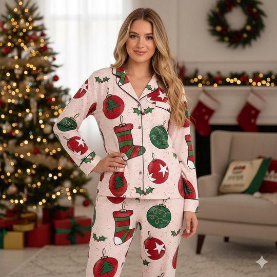 Discover Pink Christmas Ornament Pajama Set, Festive Holiday PJs, Stocking Sleepwear, Retro Xmas Lounge Outfit, Gift for Her PSJ1122